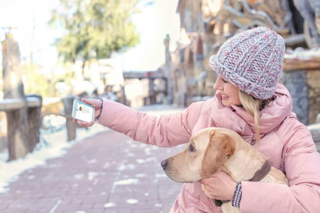 fabric brands virtual veterinary woman with dog